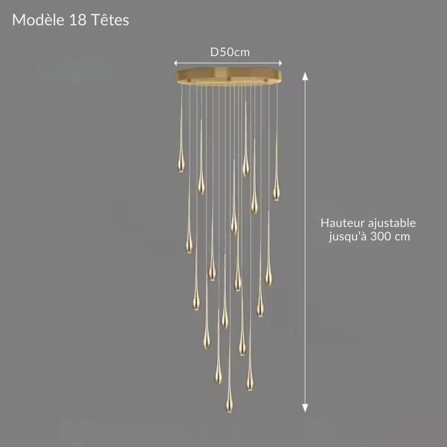Une cascade de dix-huit gouttes dorées forme un lustre spectaculaire au style contemporain haut de gamme