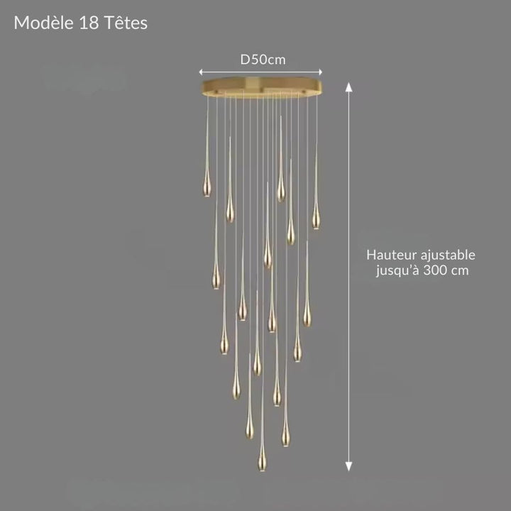 Une cascade de dix-huit gouttes dorées forme un lustre spectaculaire au style contemporain haut de gamme