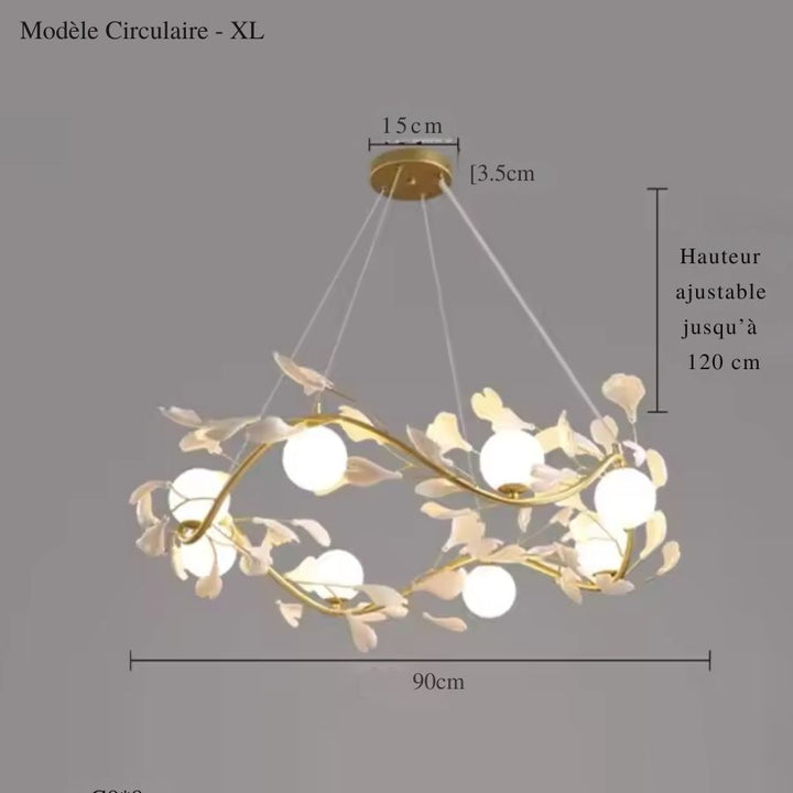 Vue des mesures du grand lustre floral de 90 cm, orné de globes opalins et de pétales blancs, au design organique.