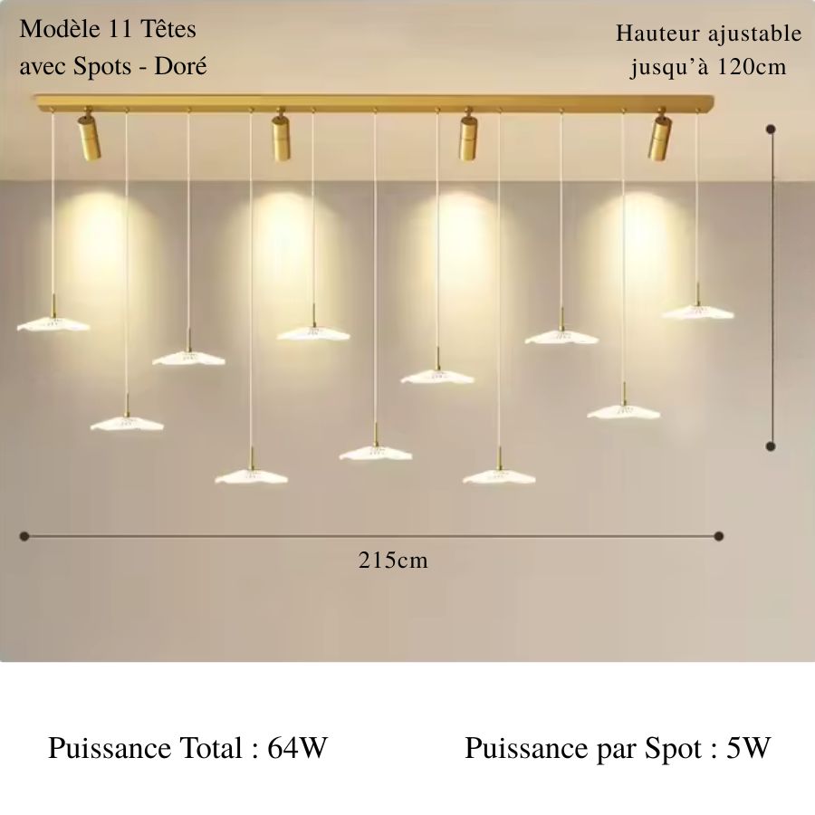 Grand luminaire suspendu au design sculptural, avec 11 ombrelles LED lumineuses et quatre spots dorés intégrés