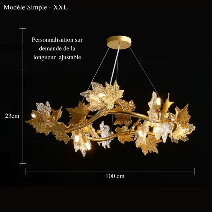 Lustre XXL de 100 cm aux branches ondulantes et feuilles dorées en relief, inspiré du style Art nouveau et végétal.