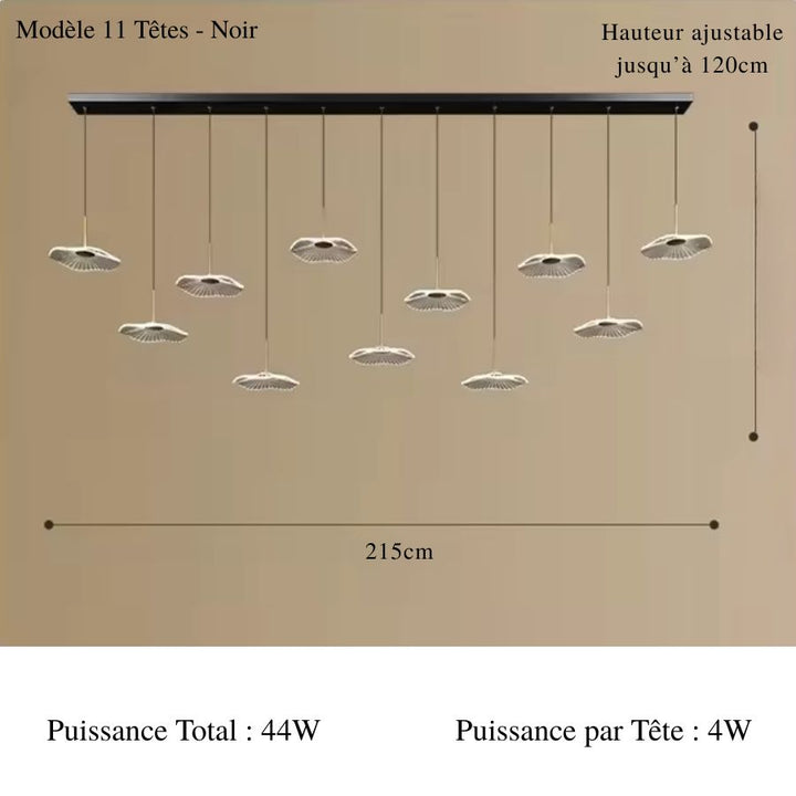 Grand lustre linéaire à 11 ombrelles LED, finition noire et silhouette aérienne pour un éclairage contemporain sculptural