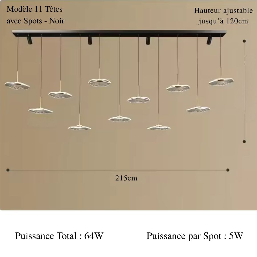 Composition lumineuse au style contemporain avec 11 ombrelles LED étagées et quatre spots noirs orientables