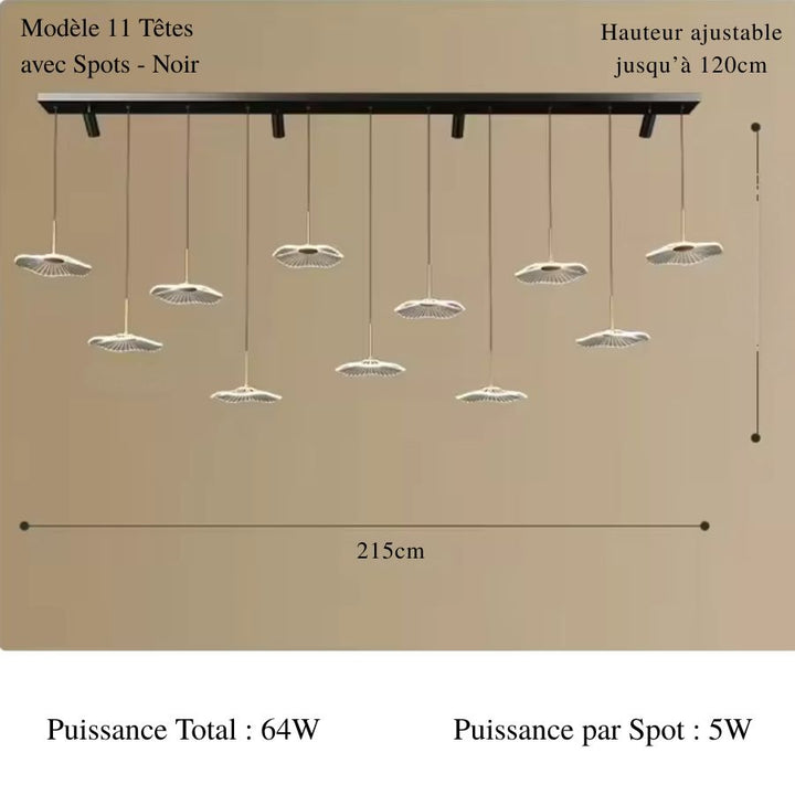 Composition lumineuse au style contemporain avec 11 ombrelles LED étagées et quatre spots noirs orientables