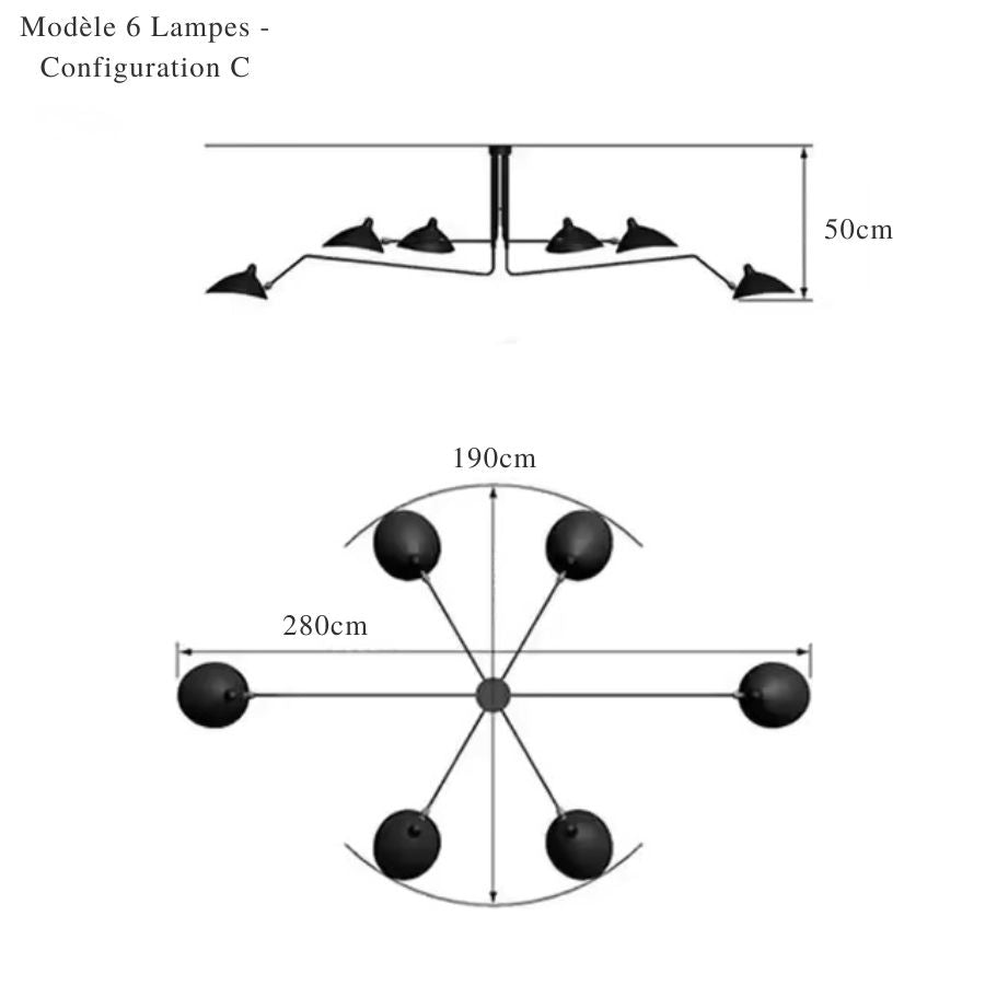 Vue cotée du grand lustre Sputnik noir à six coupoles, configuration C, de 280 cm de large et 50 cm de haut.