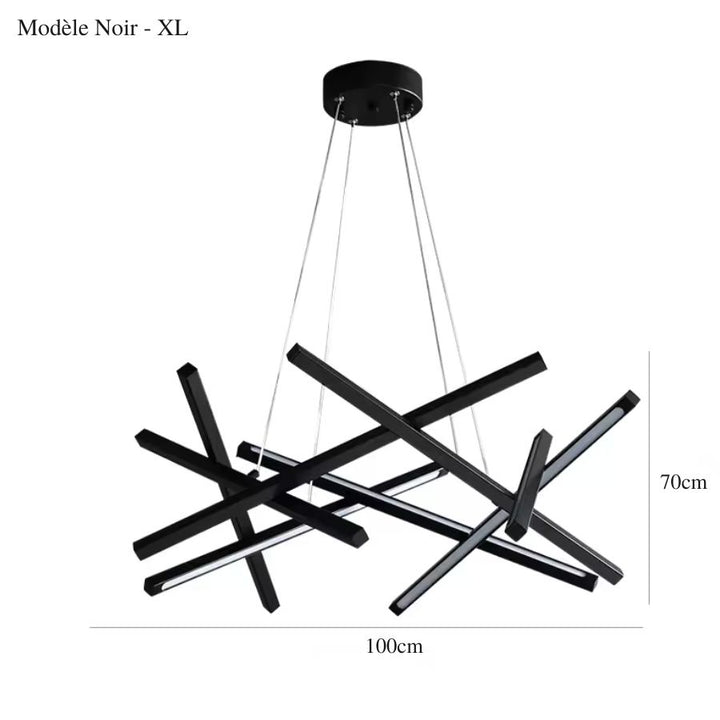 Grand lustre noir de 100 x 70 cm aux barres géométriques entrelacées, dans un style industriel contemporain.