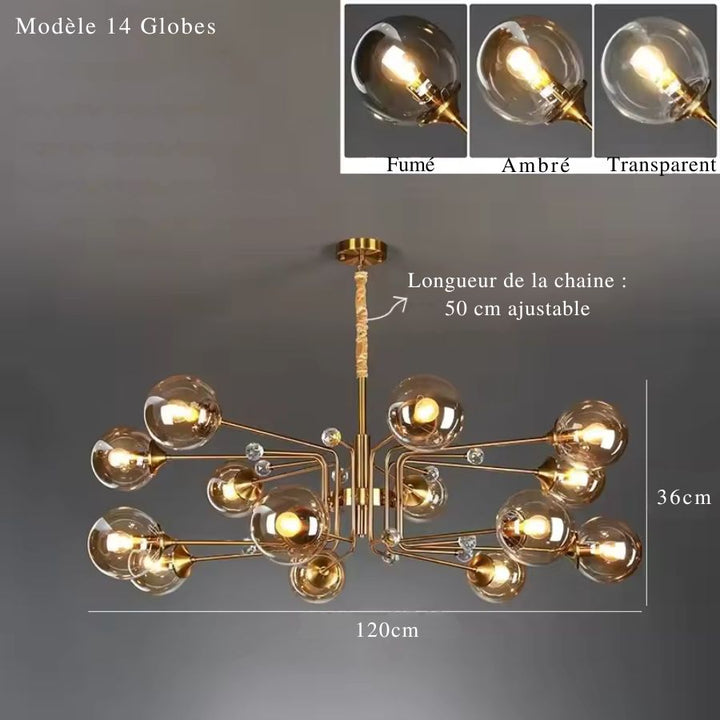 Grand lustre Spoutnik vintage à 14 globes en verre sur bras dorés, mesurant 120 cm de large, avec chaîne ajustable.