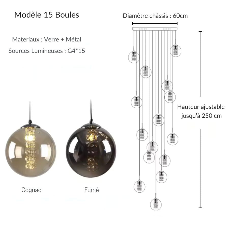 Grande suspension à 15 globes en verre et perles lumineuses, composition en cascade contemporaine