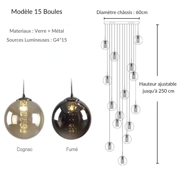 Grande suspension à 15 globes en verre et perles lumineuses, composition en cascade contemporaine