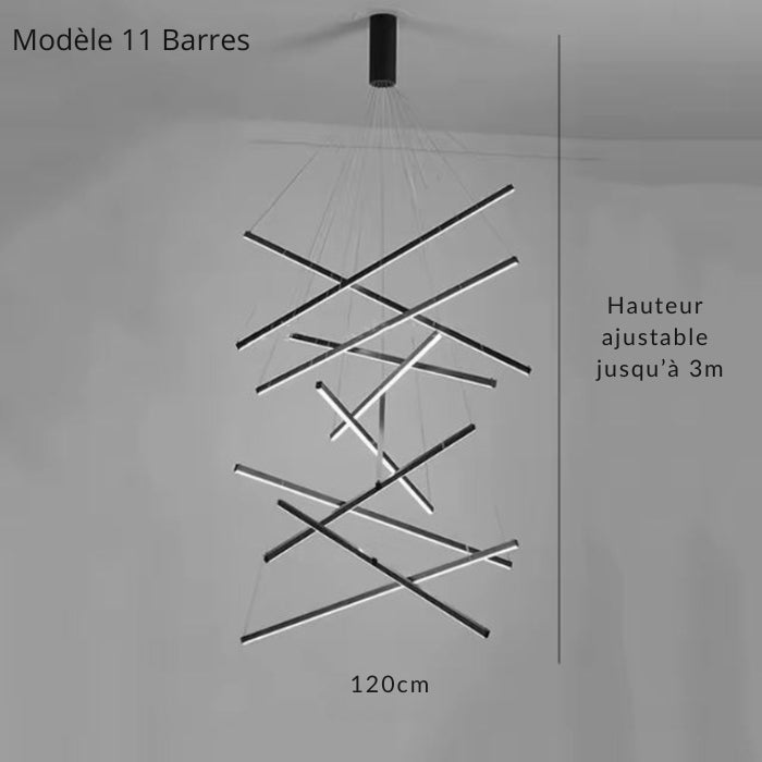 Suspension LED design avec 11 barres pour grande cage d’escalier, hauteur ajustable pour volumes verticaux.