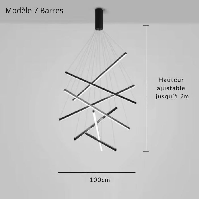 Grande suspension cage d’escalier avec 7 barres LED, hauteur ajustable jusqu’à 2 mètres, idéale pour espaces modérés.