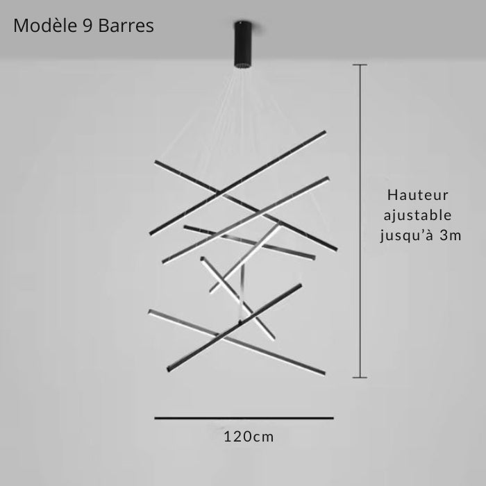 Grande suspension cage d’escalier avec 9 barres LED, structure aérienne contemporaine pour plafond haut.