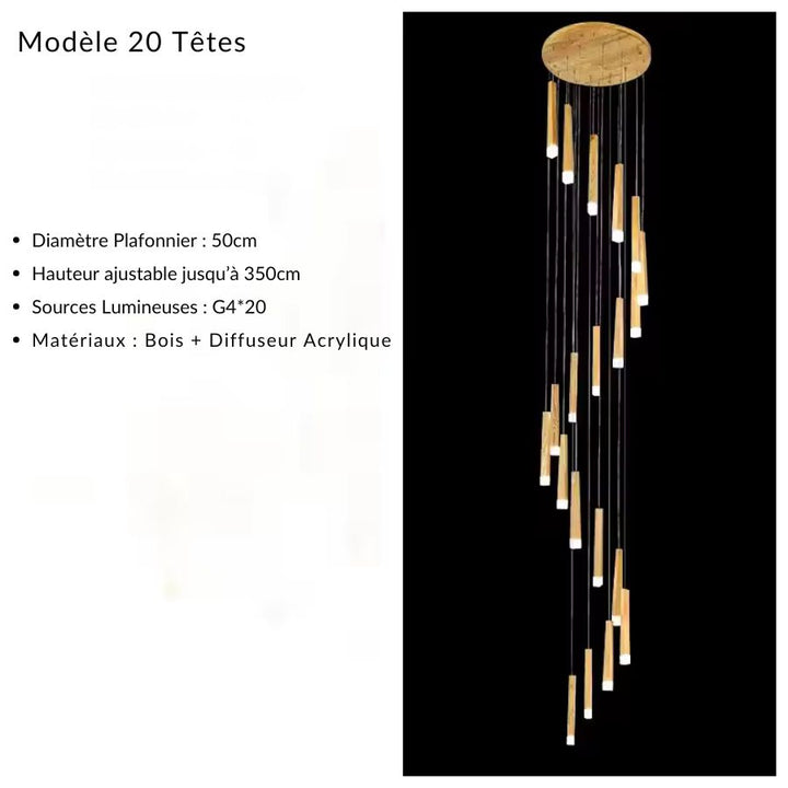 Grande cascade de 20 tiges lumineuses en bois au style organique, déployée sur une hauteur jusqu’à 350 cm
