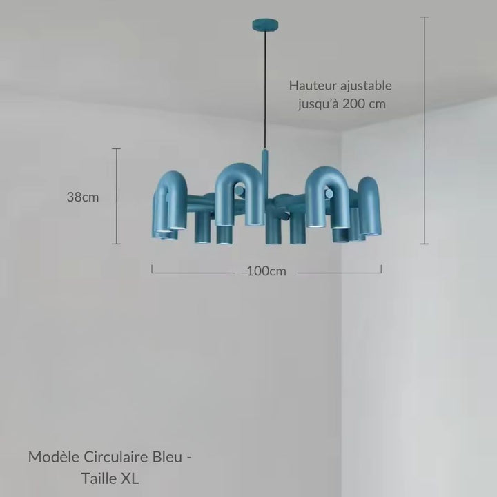 Grande suspension bleue de 100 cm aux multiples tubes en U, silhouette circulaire sculpturale et moderne