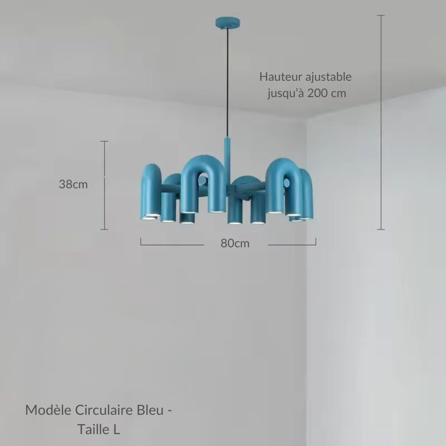 Grande suspension circulaire bleue de 80 cm composée de tubes en U, design sculptural et coloré