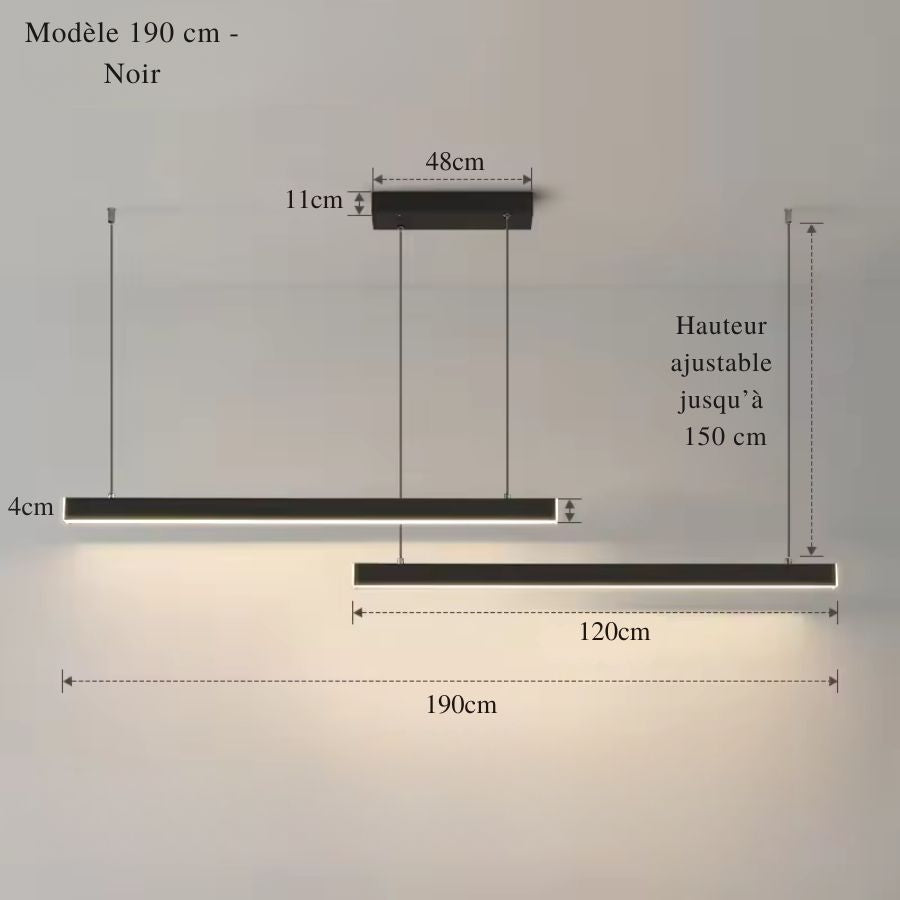 Grand modèle noir de 190 cm à double barre LED, idéal pour un intérieur moderne et contemporain