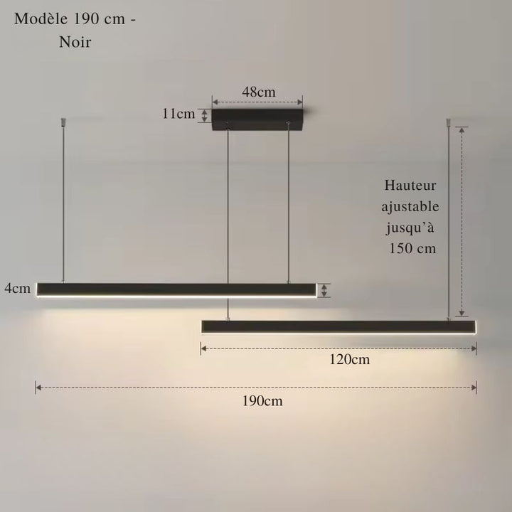 Grand modèle noir de 190 cm à double barre LED, idéal pour un intérieur moderne et contemporain