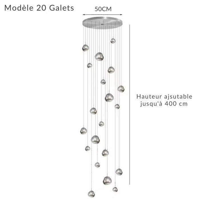 Grande suspension galets effet verre soufflé, 20 lumières, au style aérien pour entrée haute ou mezzanine.