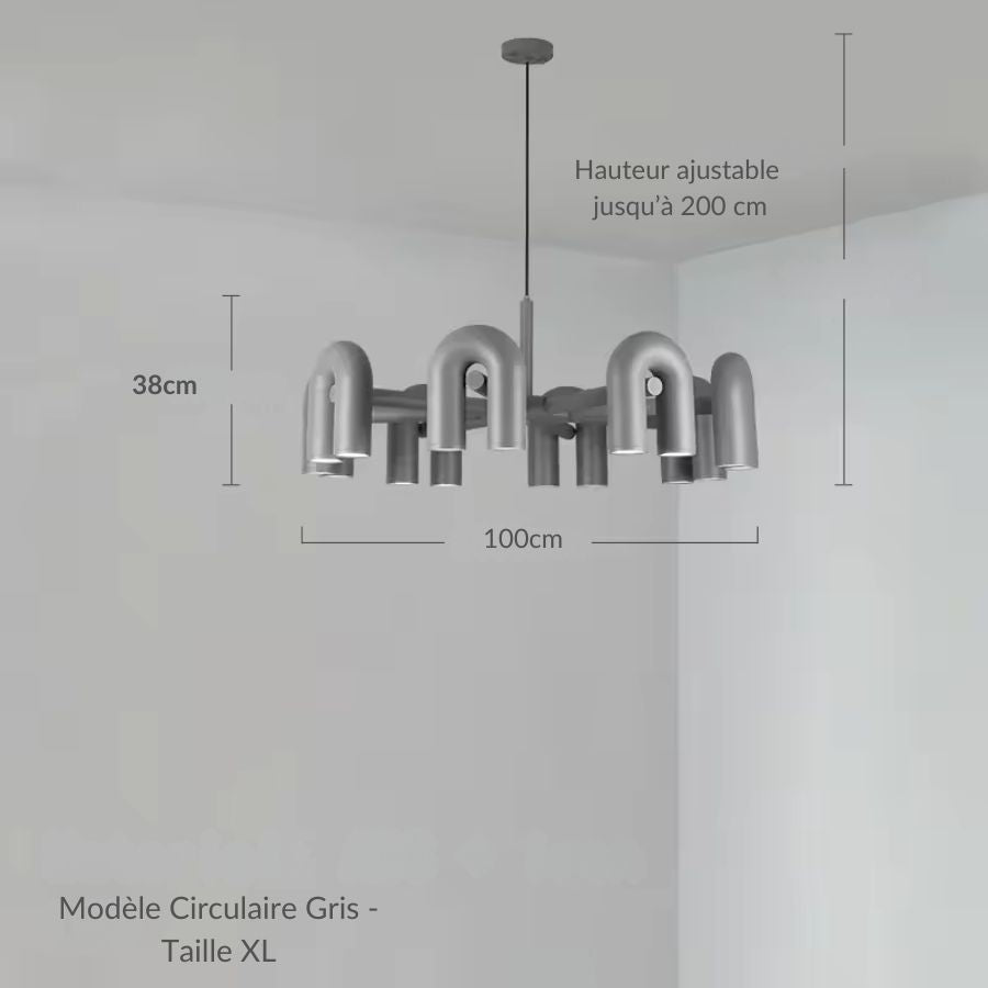 Grande suspension grise à structure tubulaire de 100 cm, courbes en U au style moderne et graphique