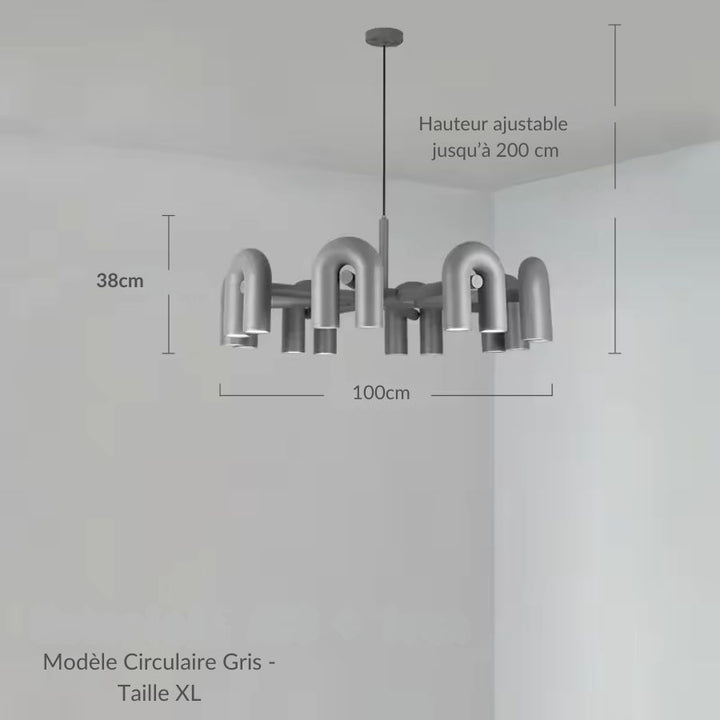 Grande suspension grise à structure tubulaire de 100 cm, courbes en U au style moderne et graphique