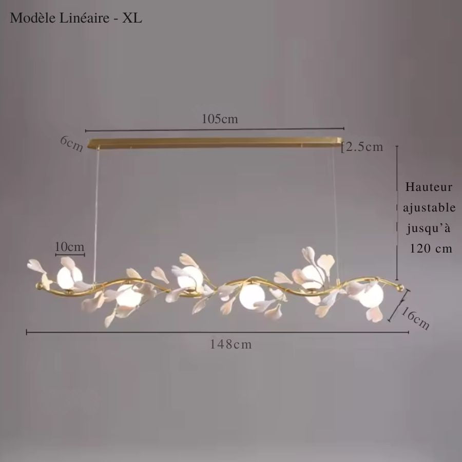 Schéma du grand luminaire floral de 148 cm aux pétales blancs et globes opalins, avec hauteur ajustable jusqu'à 120 cm.