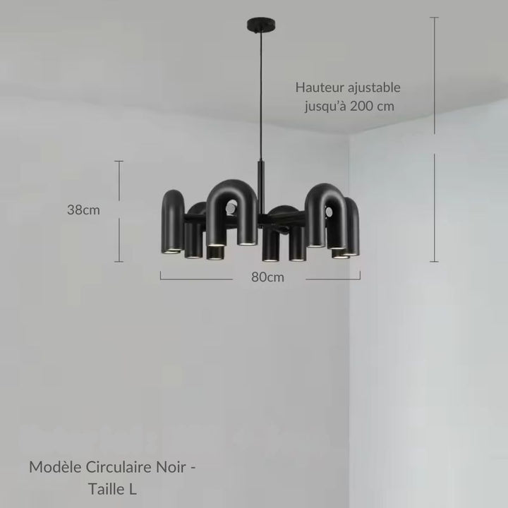Grande suspension noire de 80 cm aux multiples courbes tubulaires en U, allure moderne architecturale