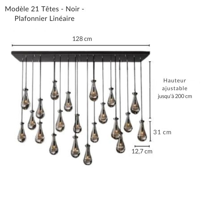 Longue suspension noire linéaire avec de multiples gouttes d'eau, design industriel chic pour salle à manger.