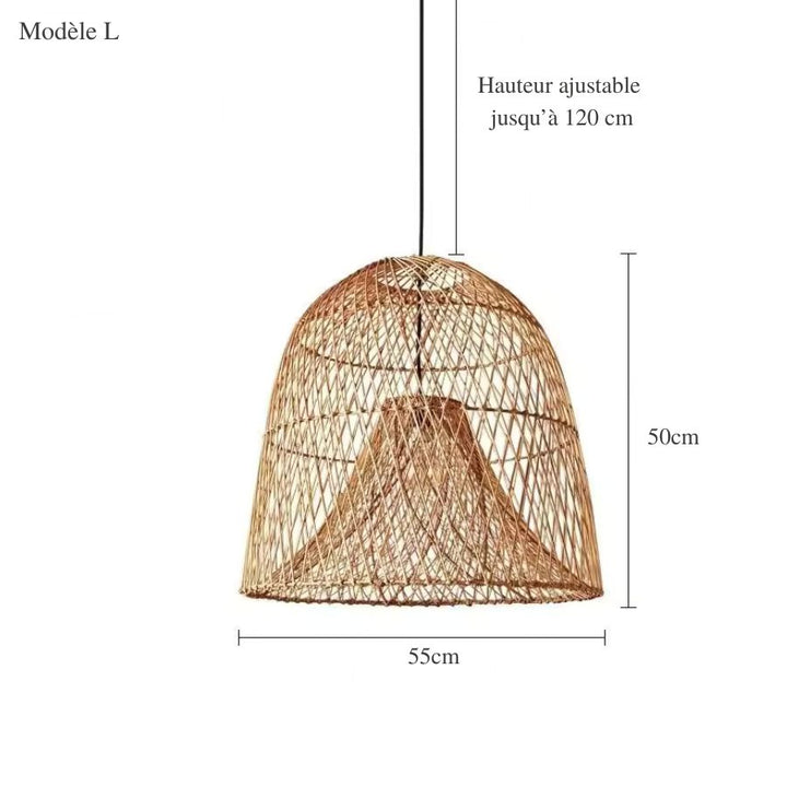 Dimensions d'un luminaire en rotin naturel à double cloche tressée, de 55 cm de large et 50 cm de haut, au style artisanal.