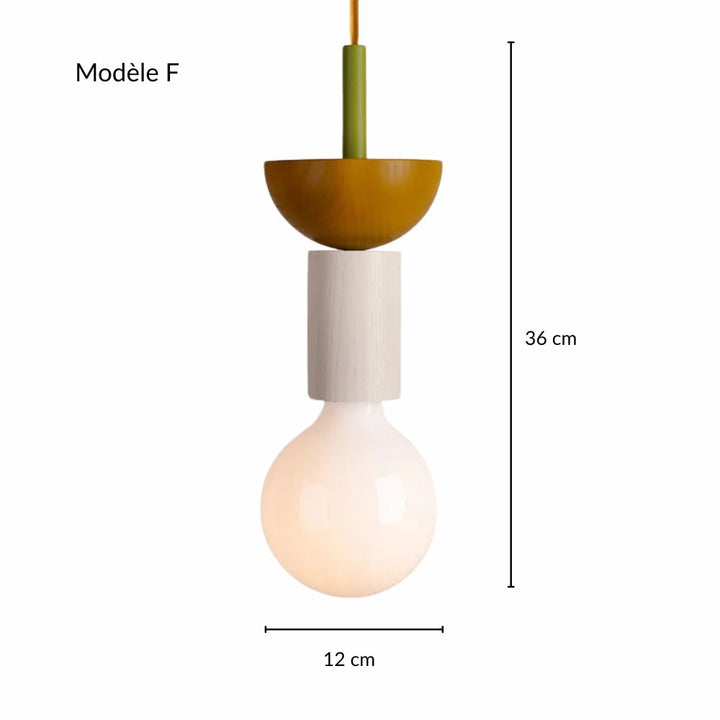 Lampe pendante en bois jaune et gris affichant sa hauteur totale de 25 cm sur fond blanc.