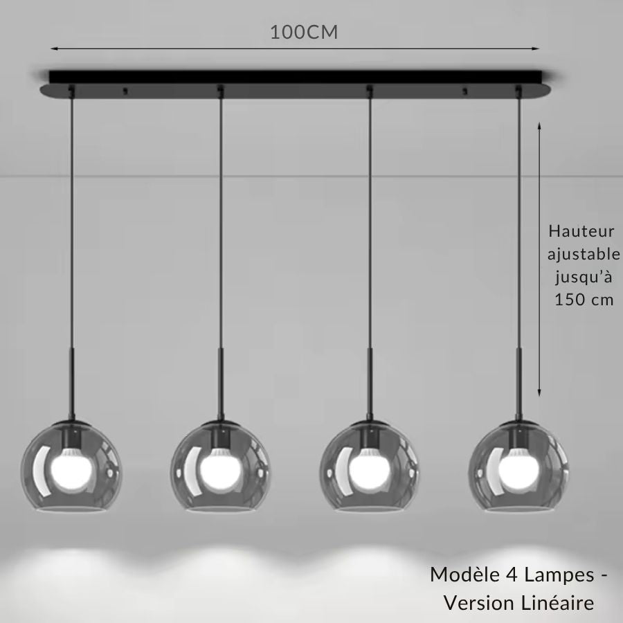 Déclinaison à quatre globes en verre fumé sur une longue structure noire au design contemporain