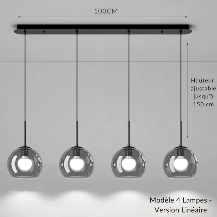 Déclinaison à quatre globes en verre fumé sur une longue structure noire au design contemporain