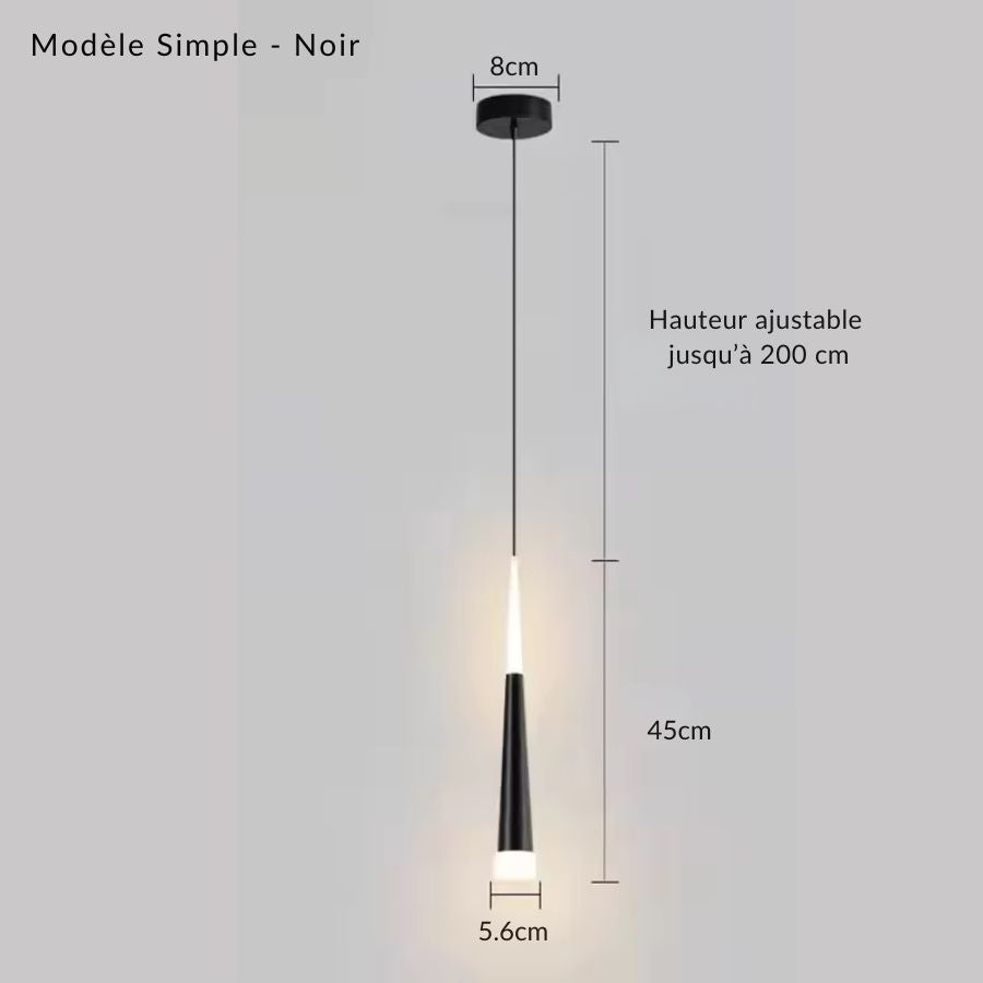 Version noire simple du luminaire aiguille LED, au profil minimaliste de 45 cm avec câble ajustable jusqu’à 200 cm