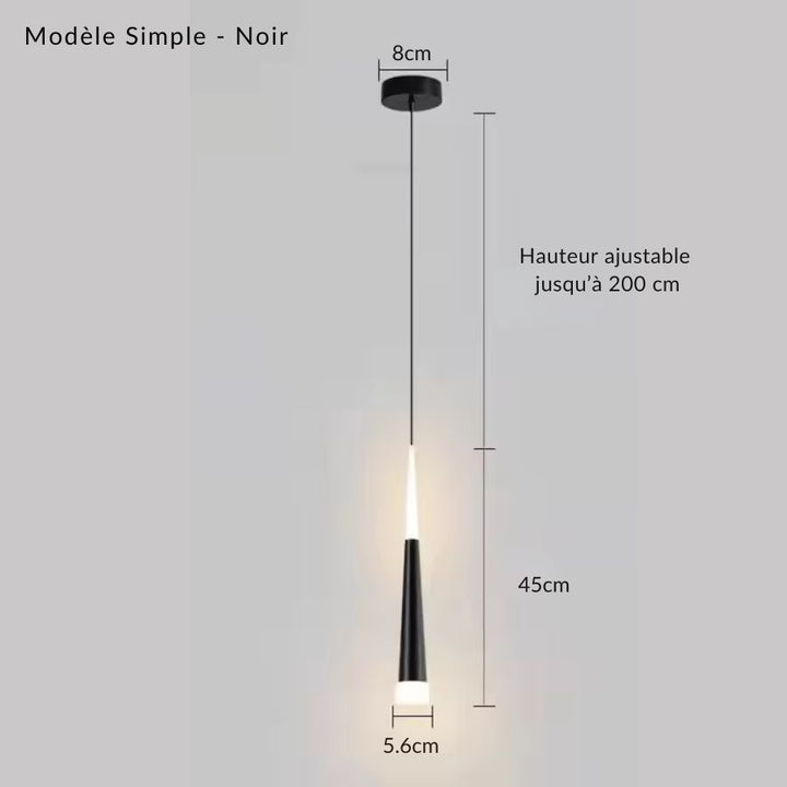 Version noire simple du luminaire aiguille LED, au profil minimaliste de 45 cm avec câble ajustable jusqu’à 200 cm