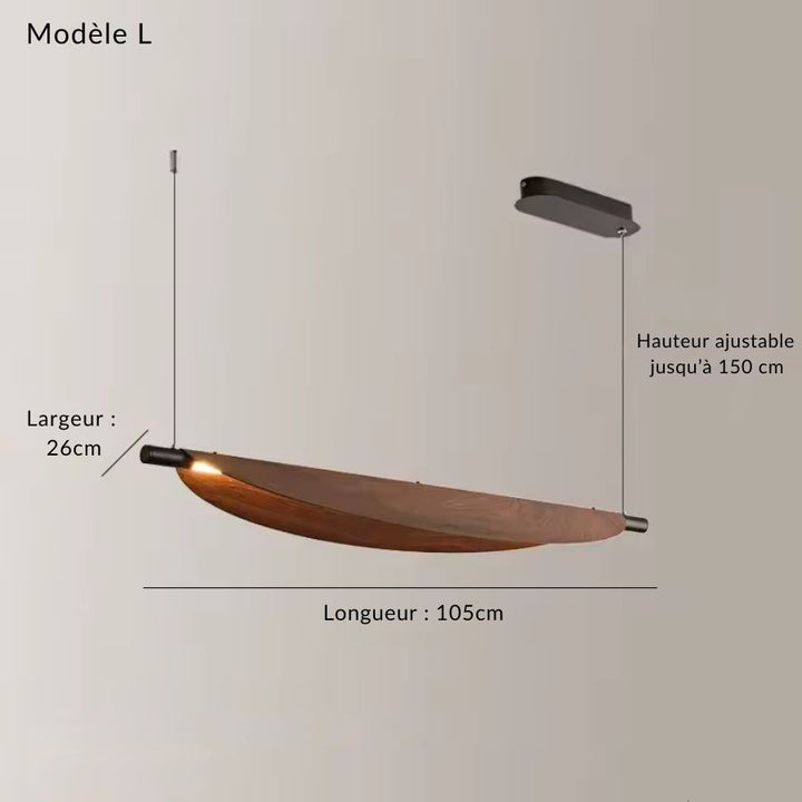 Version L de 105 cm du luminaire effet bois, avec lame sculpturale de 26 cm de large et hauteur ajustable