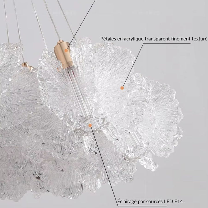 Détail d’un luminaire floral aux pétales en acrylique transparent texturé, éclairés par des sources LED E14