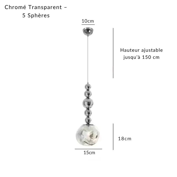 Cinq sphères chromées surmontent un globe transparent texturé pour une silhouette verticale et contemporaine