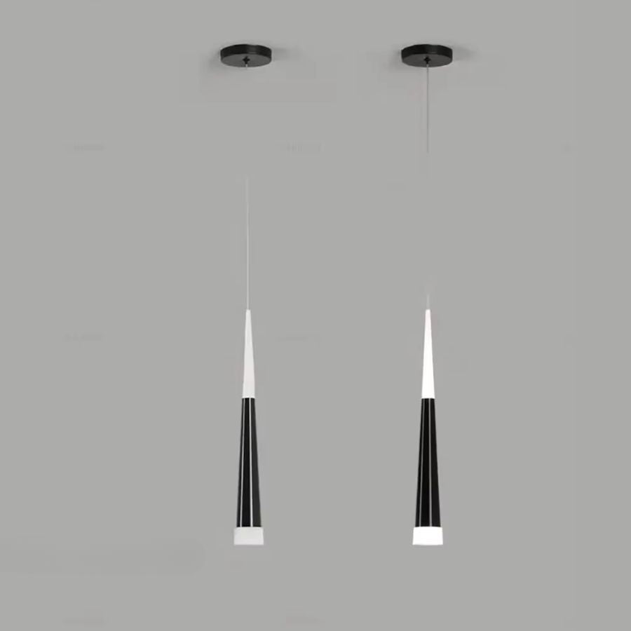 Deux luminaires LED noirs à silhouette aiguille, avec double diffusion lumineuse et design graphique minimaliste