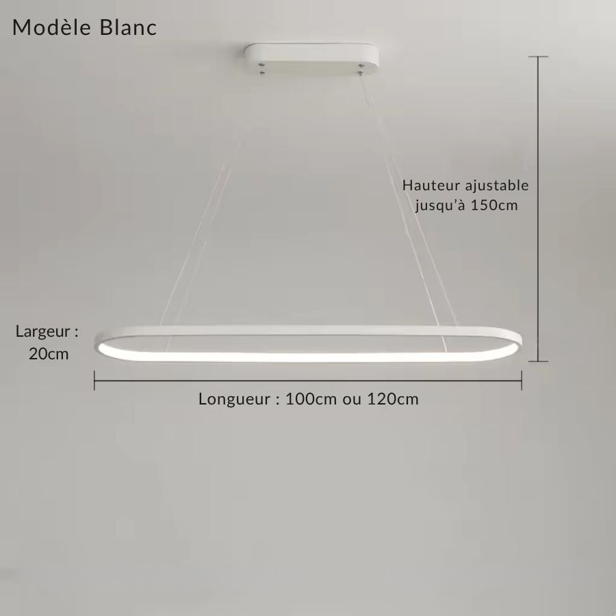 Version blanche du lustre LED aux angles arrondis, large de 20 cm et réglable jusqu’à 150 cm