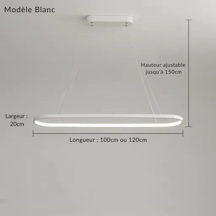 Version blanche du lustre LED aux angles arrondis, large de 20 cm et réglable jusqu’à 150 cm