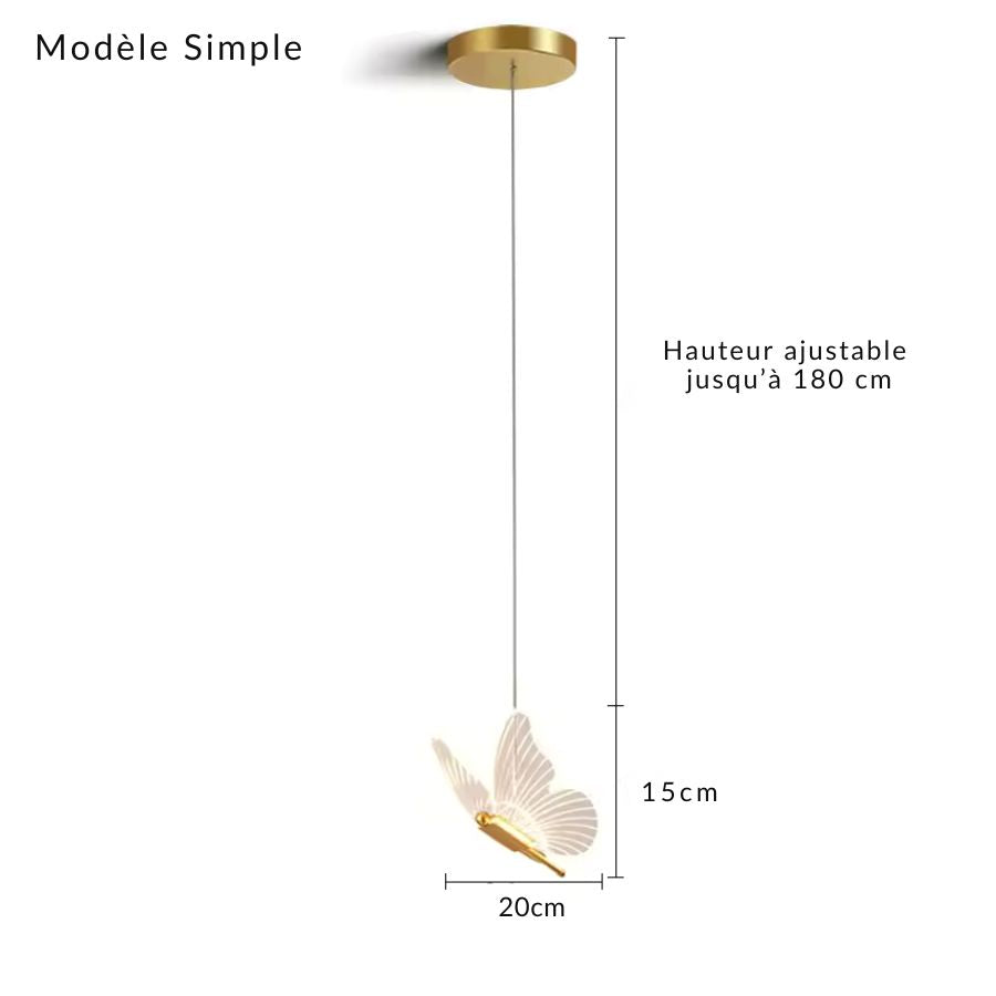 Version simple avec papillon lumineux suspendu, finition dorée et hauteur réglable jusqu’à 180 cm