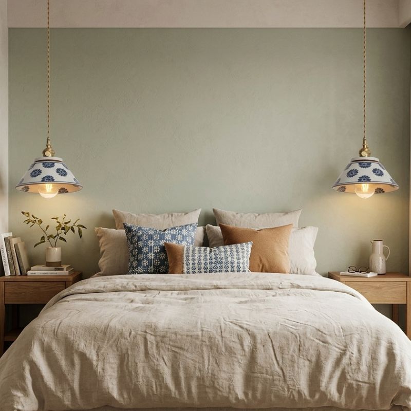 Décoration de chambre lumineuse avec deux suspensions en céramique à motifs vintage, créant une ambiance bohème chic.