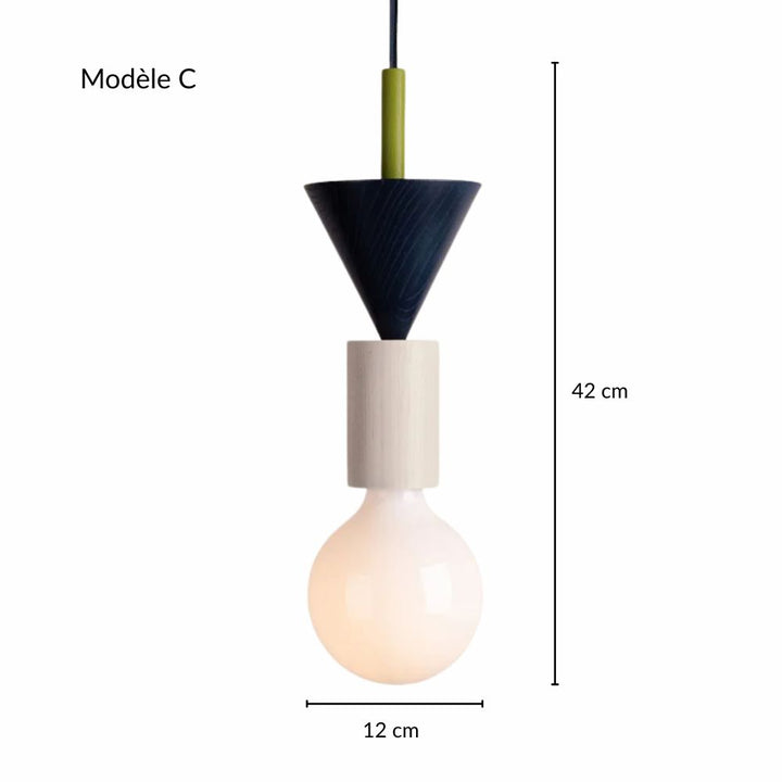 Luminaire totem en bois bleu, blanc et vert avec cotes de dimensions pour projet décoratif.