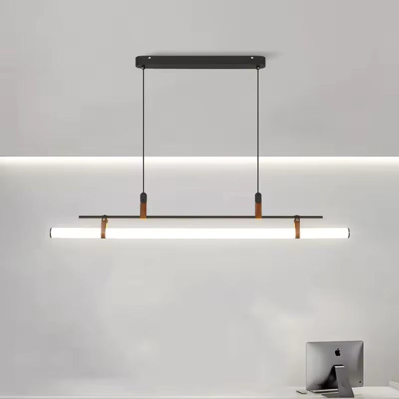 Éclairage linéaire à tube LED blanc, structure noire et attaches en cuir, dans un style minimaliste contemporain