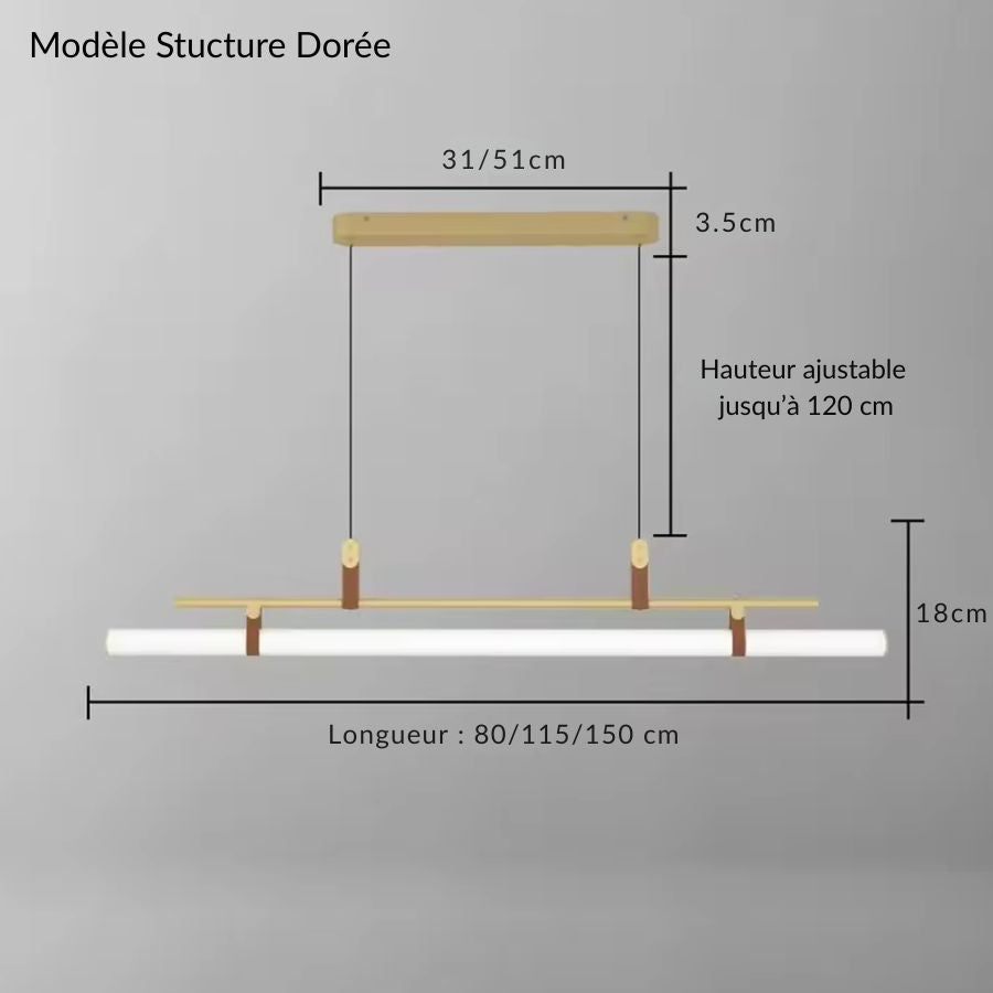 Luminaire linéaire LED à finition dorée, proposé en 80, 115 ou 150 cm avec câbles réglables jusqu’à 120 cm