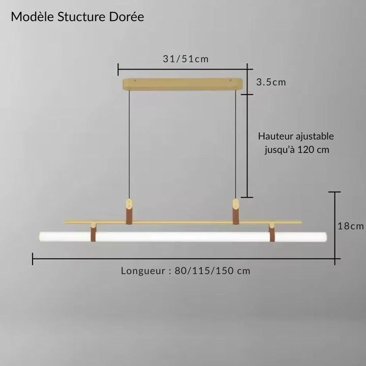 Luminaire linéaire LED à finition dorée, proposé en 80, 115 ou 150 cm avec câbles réglables jusqu’à 120 cm