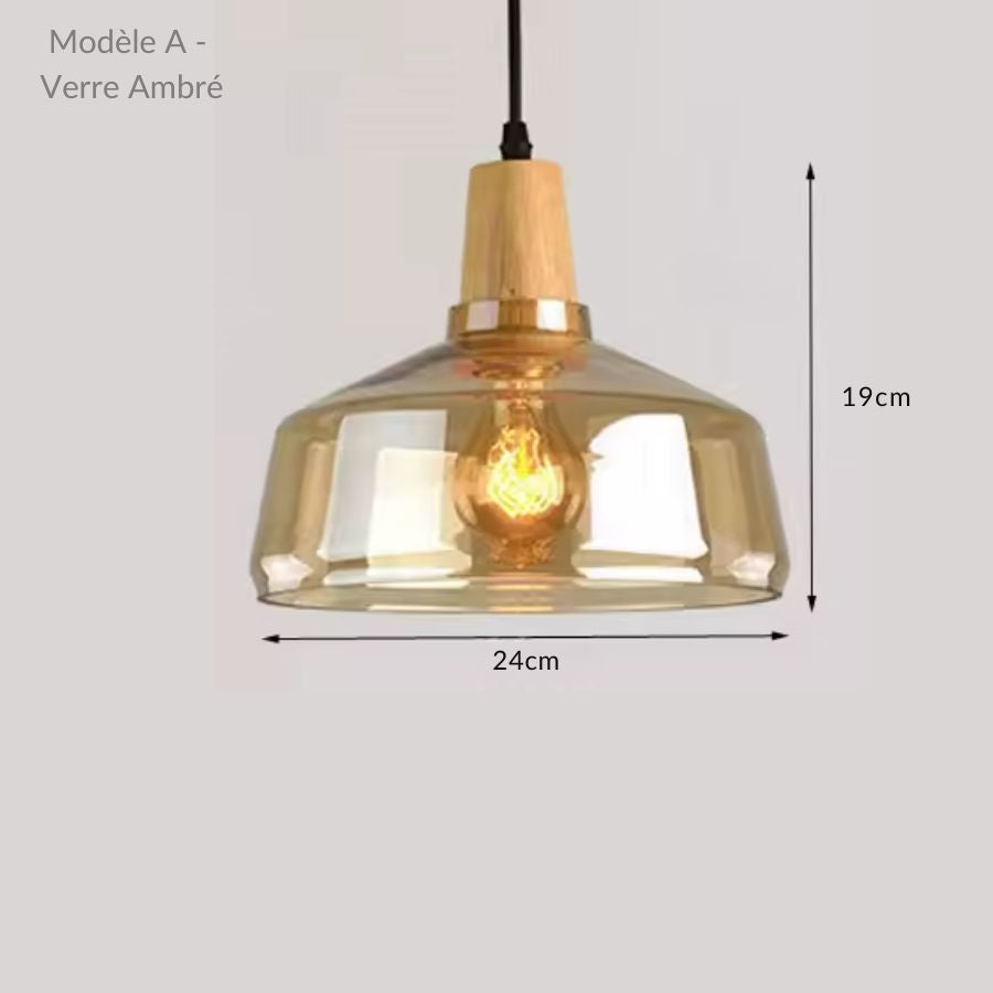 Abat-jour évasé en verre ambré et bois de 24 cm, offrant une allure chaleureuse aux accents rétro modernes