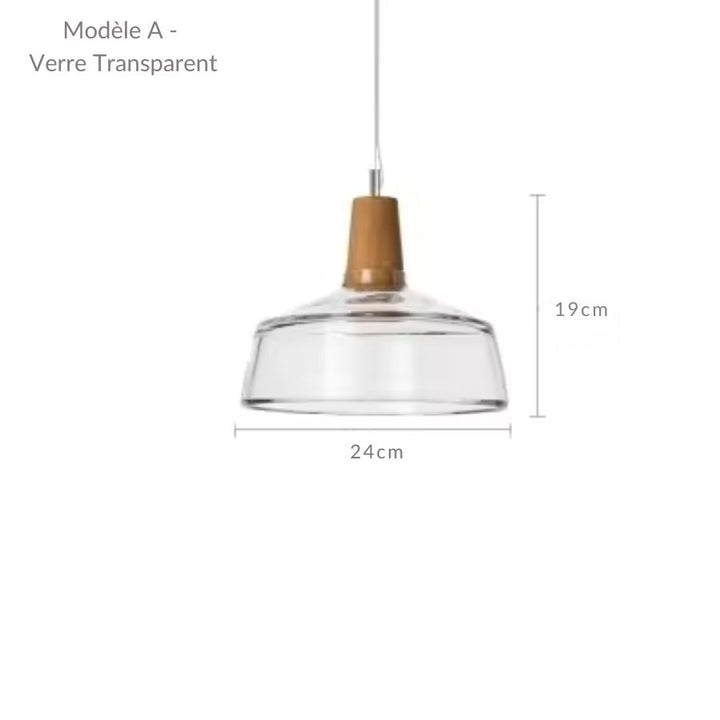Luminaire en verre transparent et bois de 24 cm, au profil évasé et au design sobre et contemporain