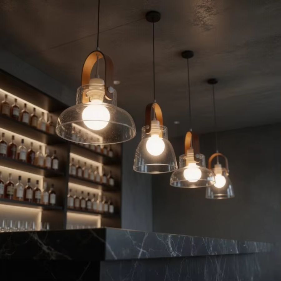 En enfilade, quatre luminaires en bois et verre soufflé éclairent un bar en marbre noir à l’atmosphère chic et feutrée