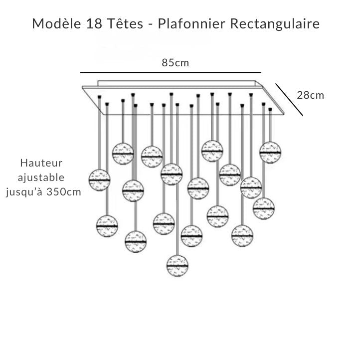 Lustre 18 têtes rectangulaire 85 × 28 cm, globes en verre bullé, design architectural grande hauteur.