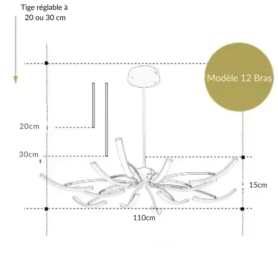 Grand lustre araignée 12 bras de 110 cm, à lignes courbes et composition sculpturale pour un intérieur design.